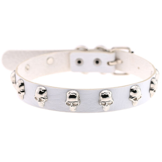 Skull Leather Choker Necklace - White - Punk Lovers