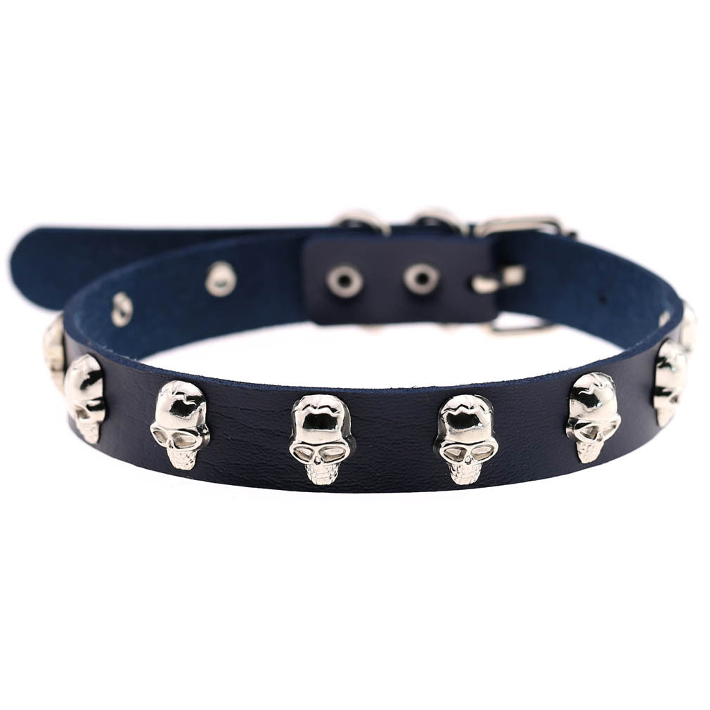 Skull Leather Choker Necklace - Deep Blue - Punk Lovers