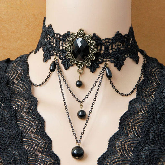 Women's Gothic Bead Lace Choker with Chain