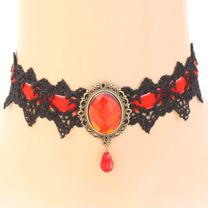 Vintage Lace Gemstone Choker - Red - Punk Lovers