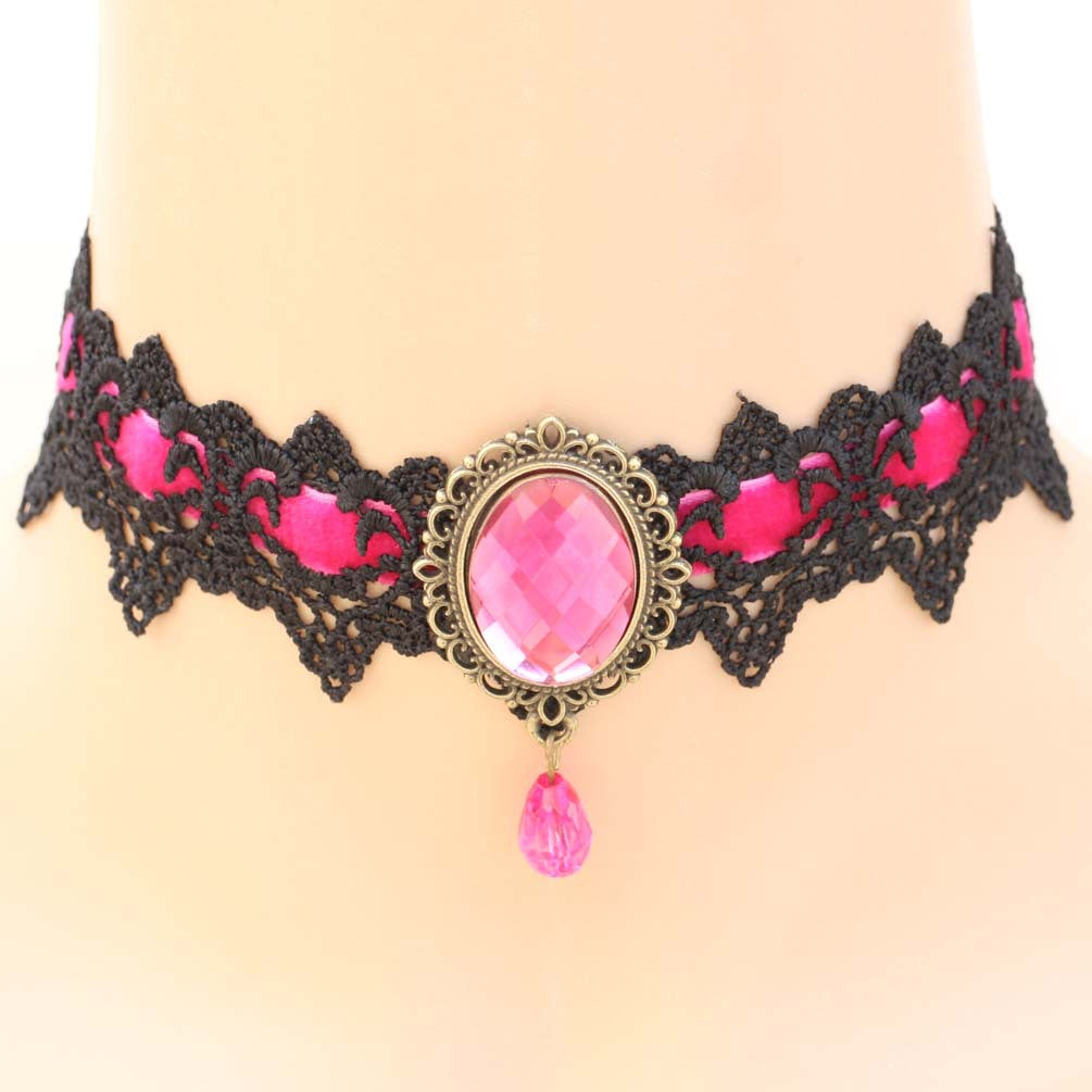 Vintage Lace Gemstone Choker - Rose - Punk Lovers