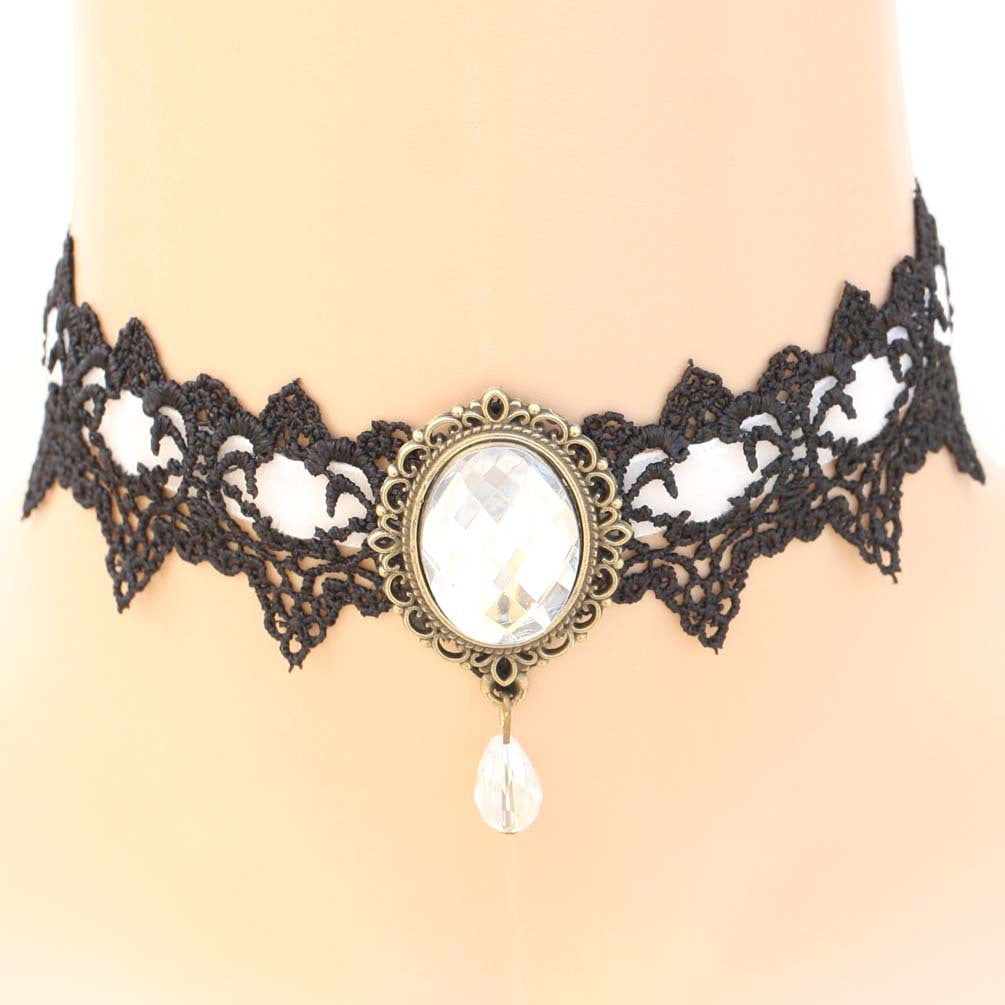 Vintage Lace Gemstone Choker - White - Punk Lovers