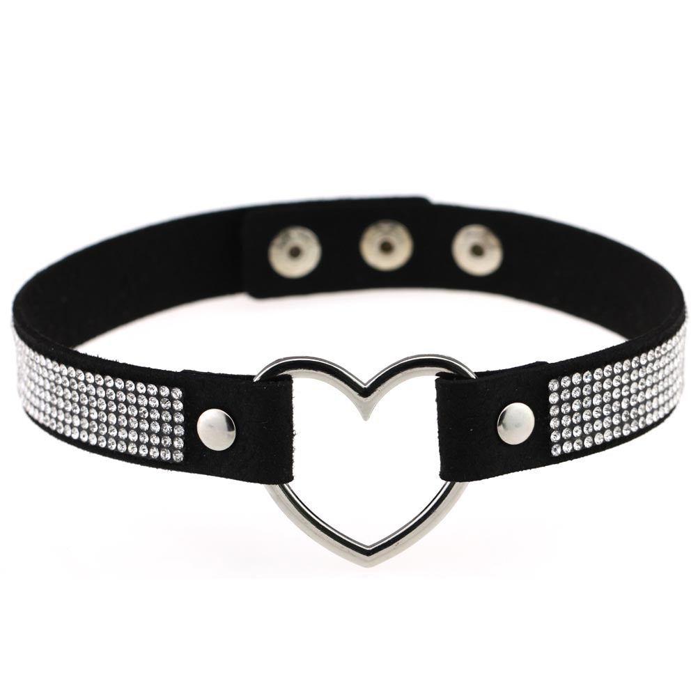 Japanese Soft Girl Heart Rhinestone Choker - Black - Punk Lovers