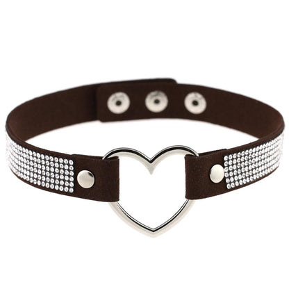 Japanese Soft Girl Heart Rhinestone Choker - Deep Coffee - Punk Lovers