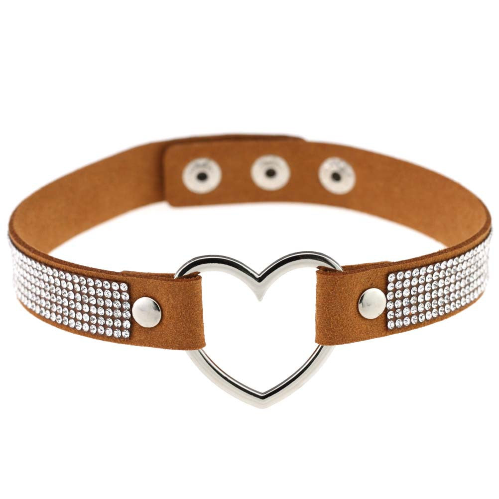 Japanese Soft Girl Heart Rhinestone Choker - Light Coffee - Punk Lovers