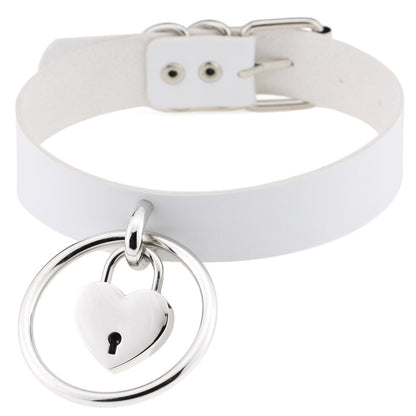 Punk Big Ring Heart Lock Choker - White - Punk Lovers