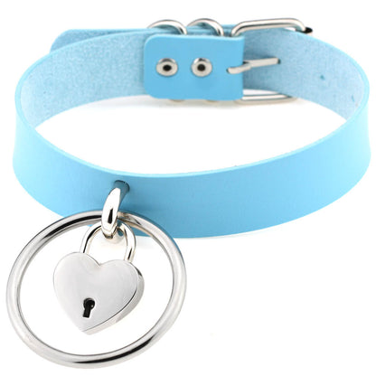 Punk Big Ring Heart Lock Choker - Light Blue - Punk Lovers