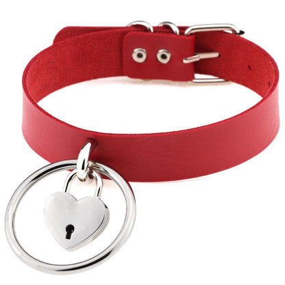Punk Big Ring Heart Lock Choker - Red - Punk Lovers