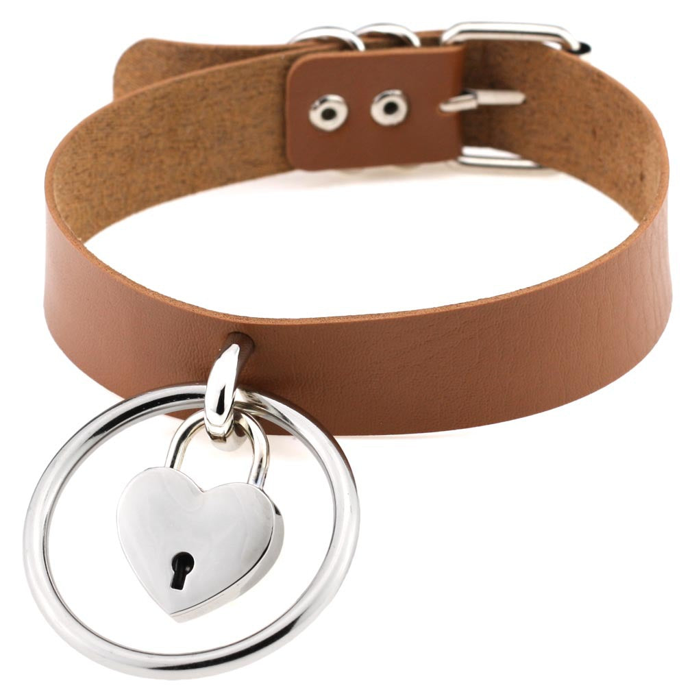 Punk Big Ring Heart Lock Choker - Light Coffee - Punk Lovers