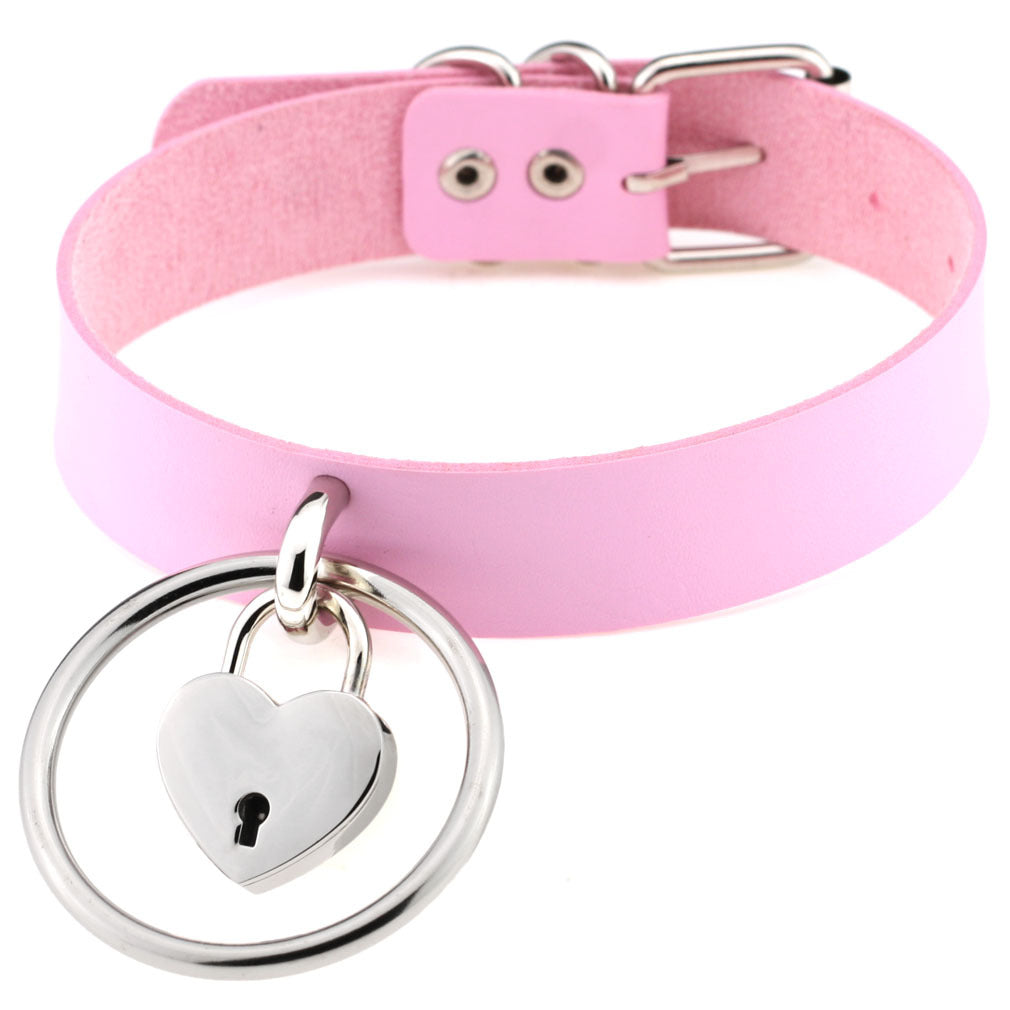 Punk Big Ring Heart Lock Choker - Pink - Punk Lovers