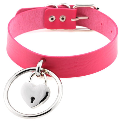 Punk Big Ring Heart Lock Choker - Rose - Punk Lovers