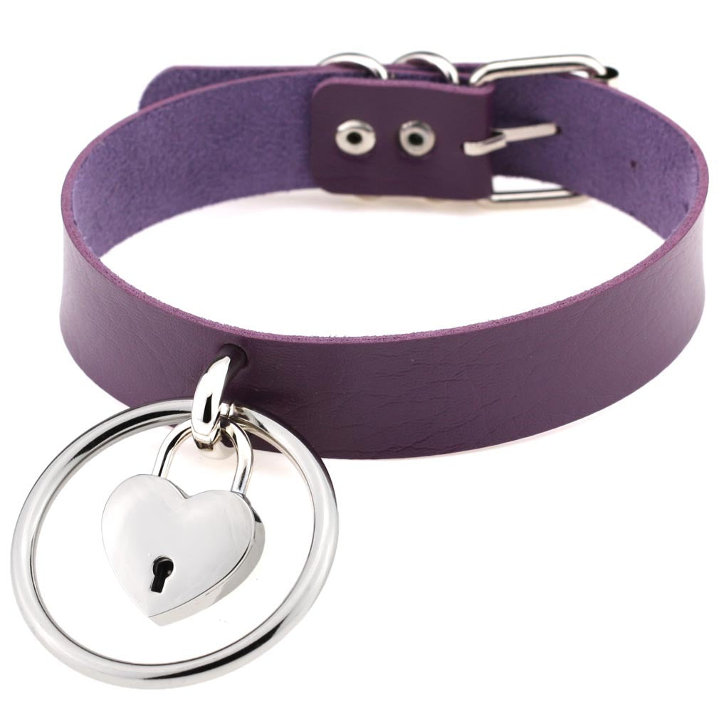 Punk Big Ring Heart Lock Choker - Purple - Punk Lovers