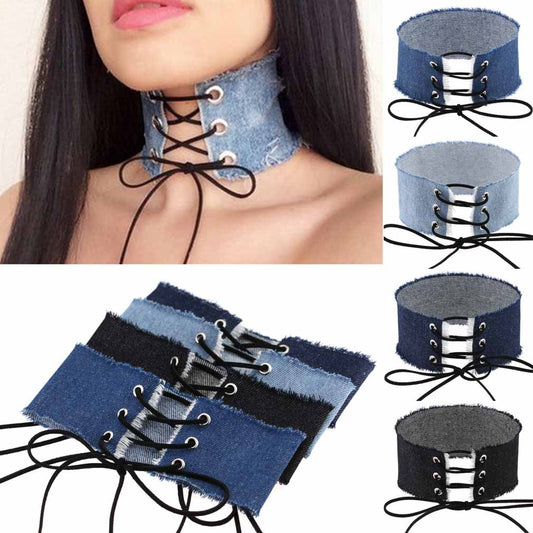 Gothic Punk Rivet Spike Choker - Denim Light Blue | Punk Lovers