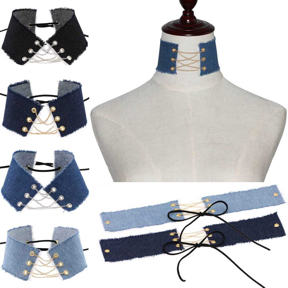 Punk Gothic Leather Choker Necklace - Denim Gold Chain Black | Punk Lovers