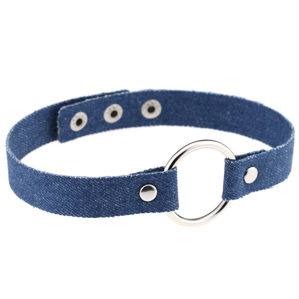 Denim O-Ring Choker Necklace - 牛仔布/蓝色 - Punk Lovers