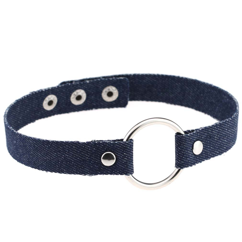 Denim O-Ring Choker Necklace - 牛仔布/深蓝色 - Punk Lovers