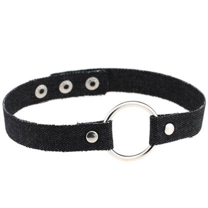 Denim O-Ring Choker Necklace - 牛仔布/黑色 - Punk Lovers