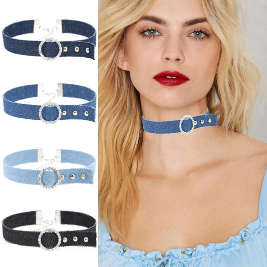Denim Rhinestone Choker Necklace - Punk Lovers Gothic Jewelry