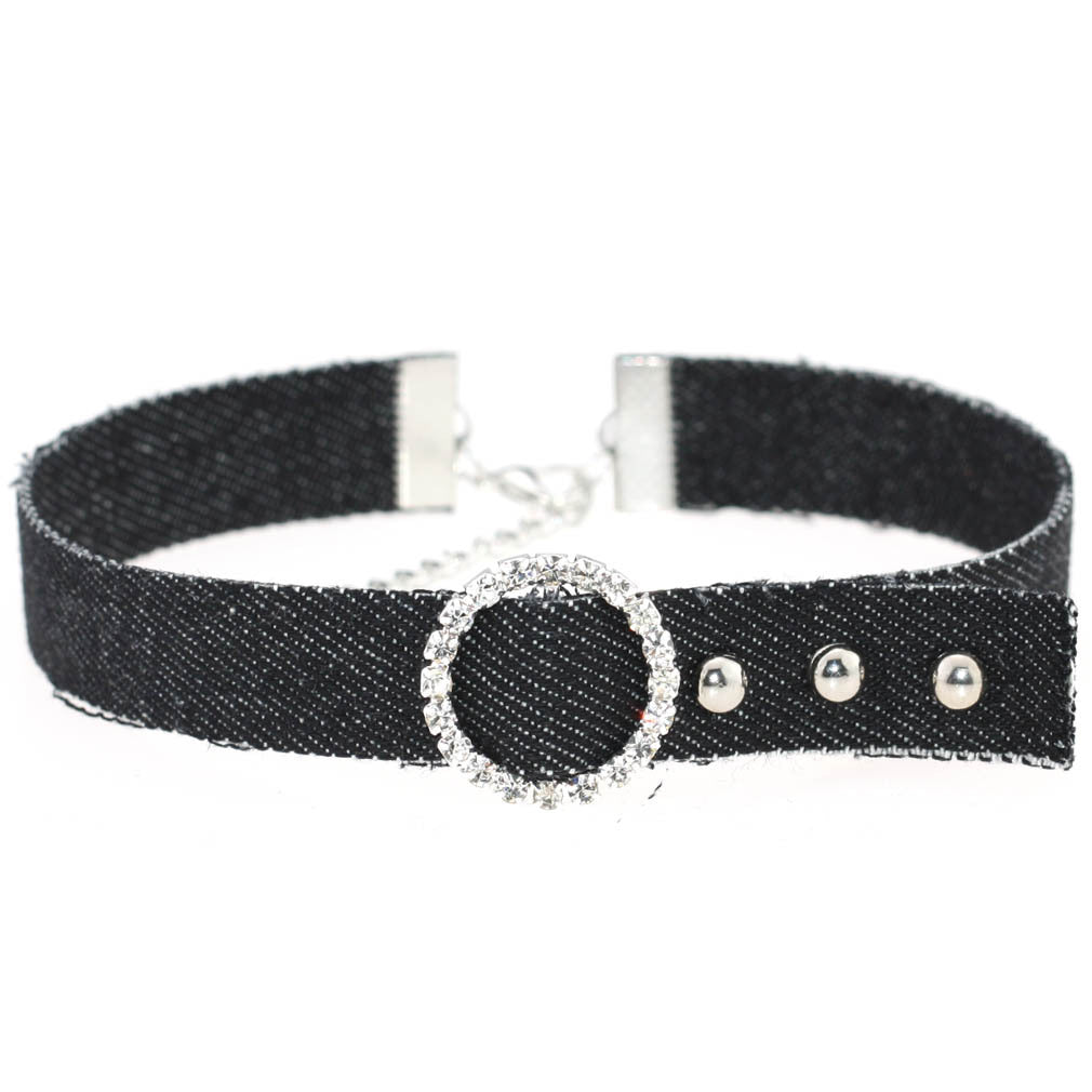 Denim Rhinestone Choker Necklace - Denim Black - Punk Lovers