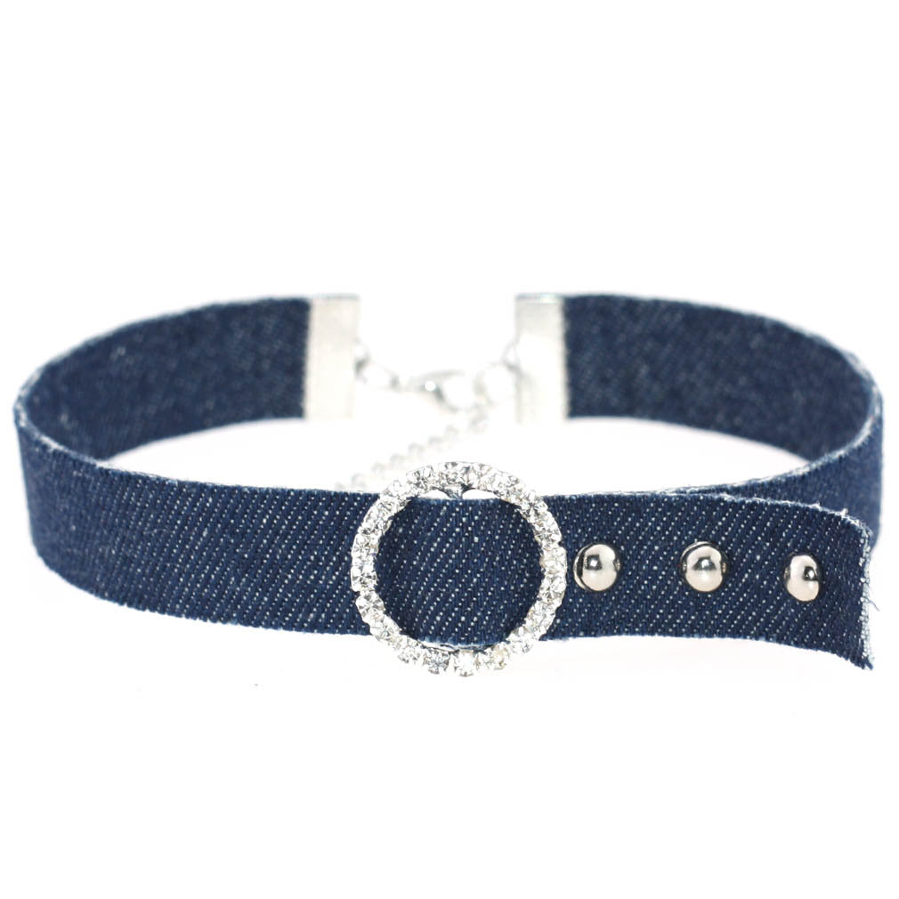 Denim Rhinestone Choker Necklace - Denim Deep Blue - Punk Lovers
