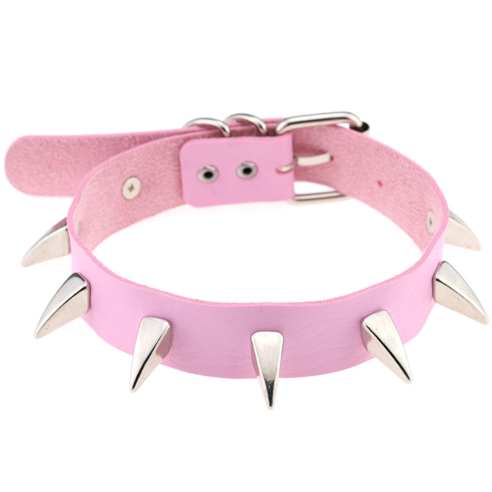 Punk Rivet Spike Leather Choker - Pink - Punk Lovers