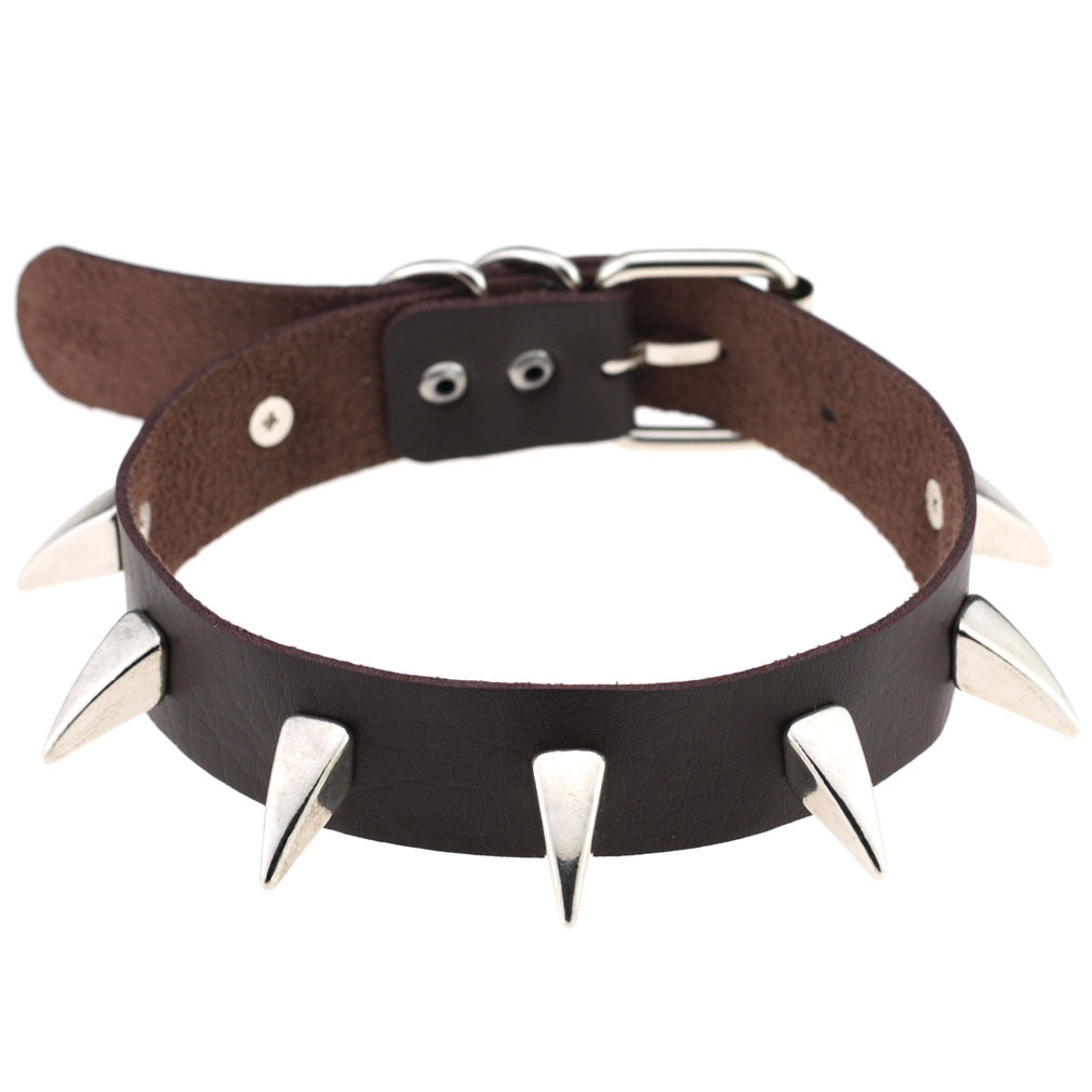 Punk Rivet Spike Leather Choker - Deep Coffee - Punk Lovers
