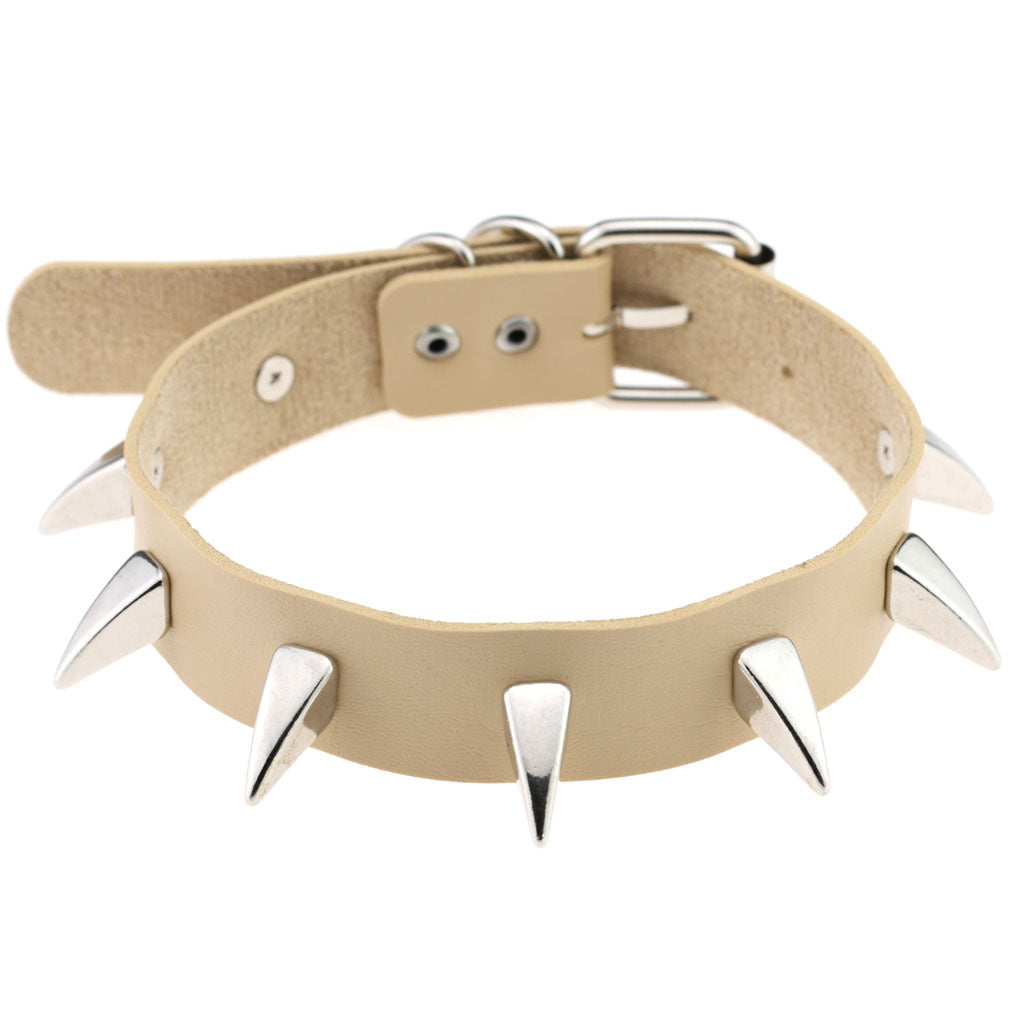 Punk Rivet Spike Leather Choker - Beige - Punk Lovers