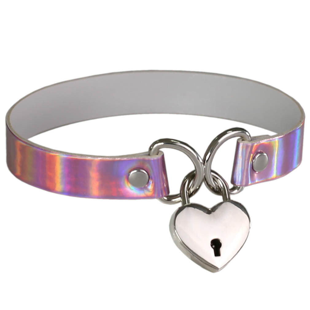 Iridescent Heart Lock Choker - Iridescent Pink - Punk Lovers