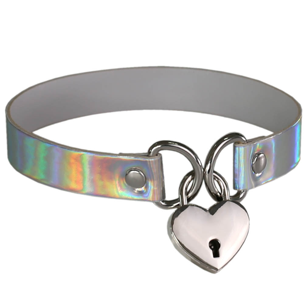Iridescent Heart Lock Choker - Iridescent White - Punk Lovers
