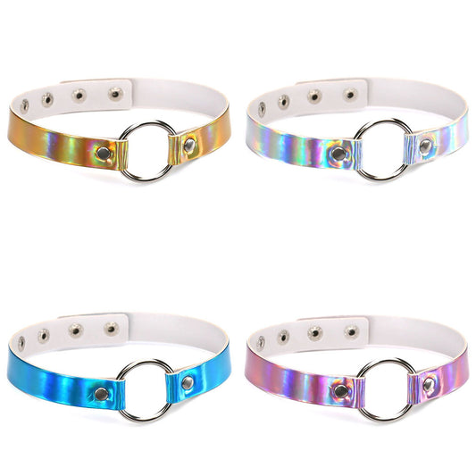Iridescent Ring Leather Choker - Punk Lovers Gothic Jewelry