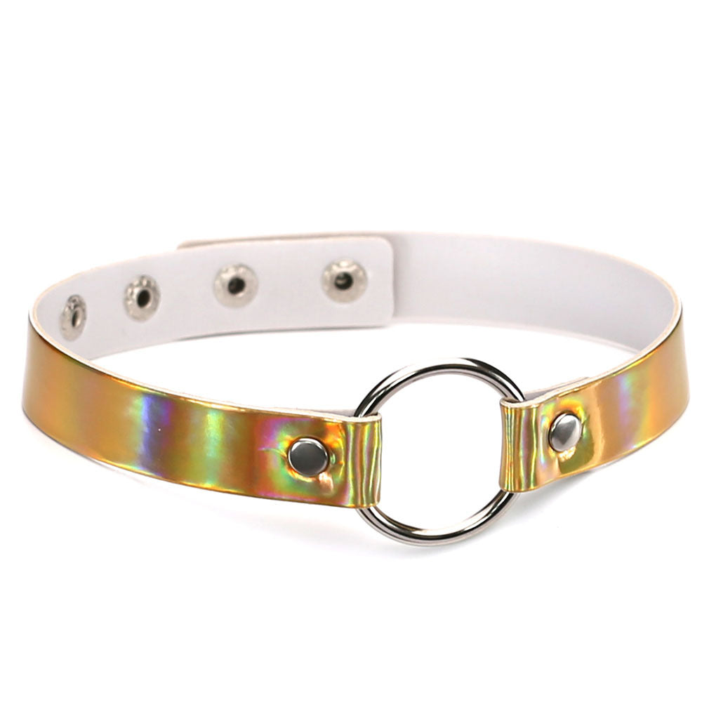 Iridescent Ring Leather Choker - 四扣-金彩 - Punk Lovers
