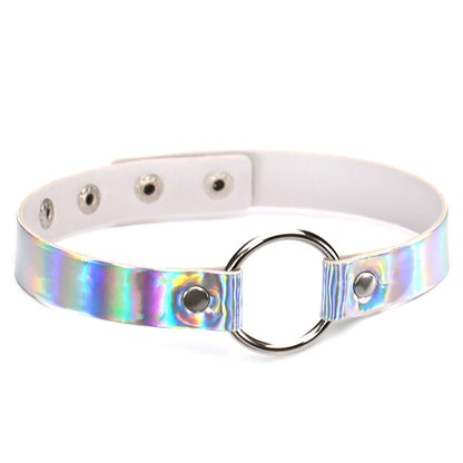 Iridescent Ring Leather Choker - 四扣-白彩 - Punk Lovers