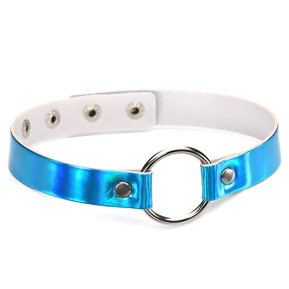 Iridescent Ring Leather Choker - 四扣-蓝彩 - Punk Lovers