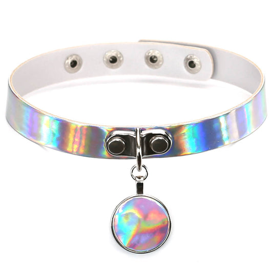 Iridescent Circle Pendant Choker - Iridescent White - Punk Lovers