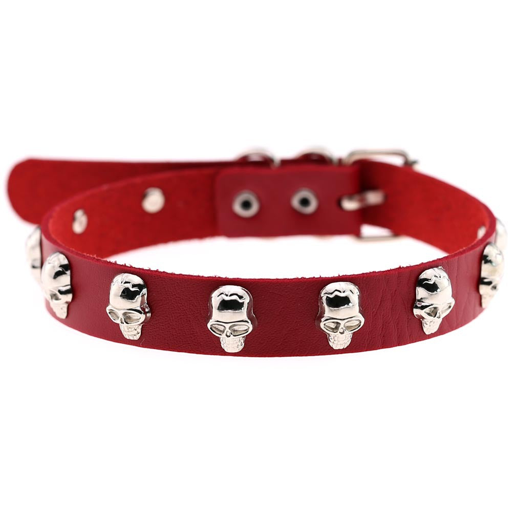Skull Leather Choker Necklace - Red - Punk Lovers