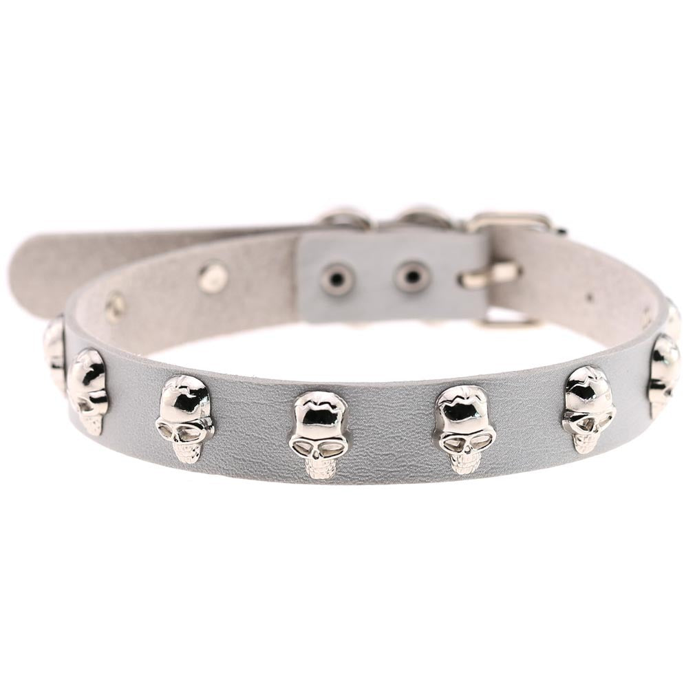 Skull Leather Choker Necklace - Silver - Punk Lovers