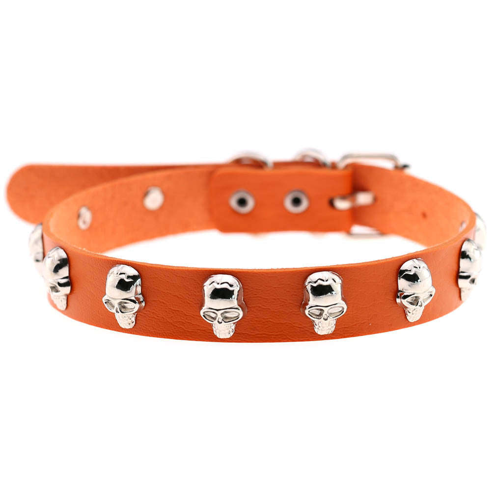 Skull Leather Choker Necklace - Orange - Punk Lovers