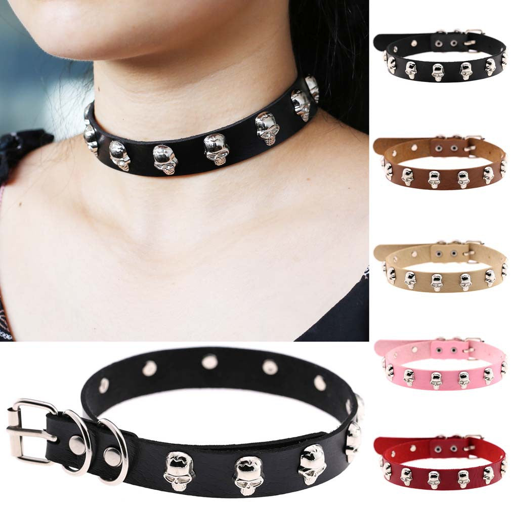 Skull Leather Choker Necklace - Punk Lovers Gothic Jewelry