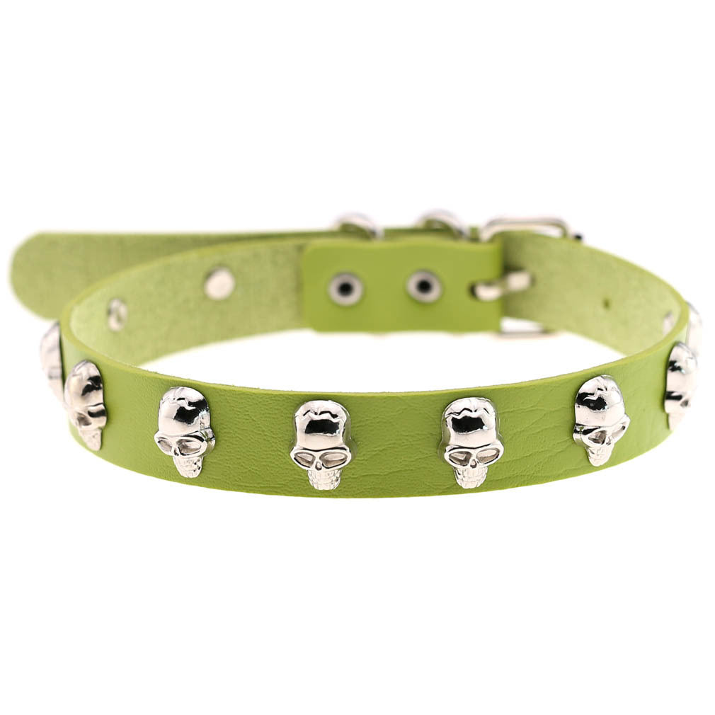 Skull Leather Choker Necklace - Green - Punk Lovers