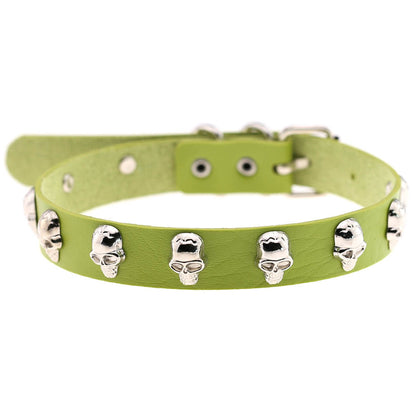 Skull Leather Choker Necklace - Green - Punk Lovers