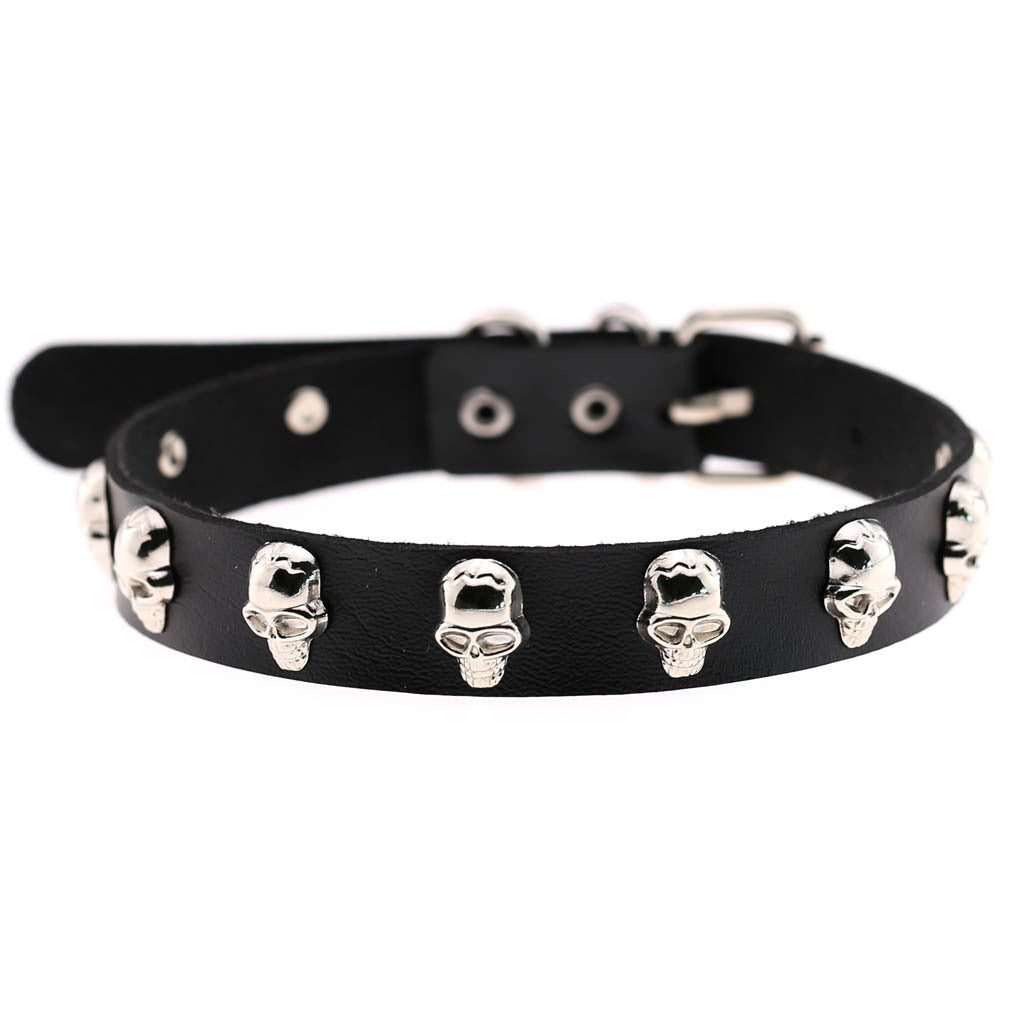 Skull Leather Choker Necklace - Black - Punk Lovers