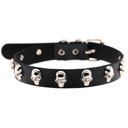 Skull Leather Choker Necklace - Black - Punk Lovers