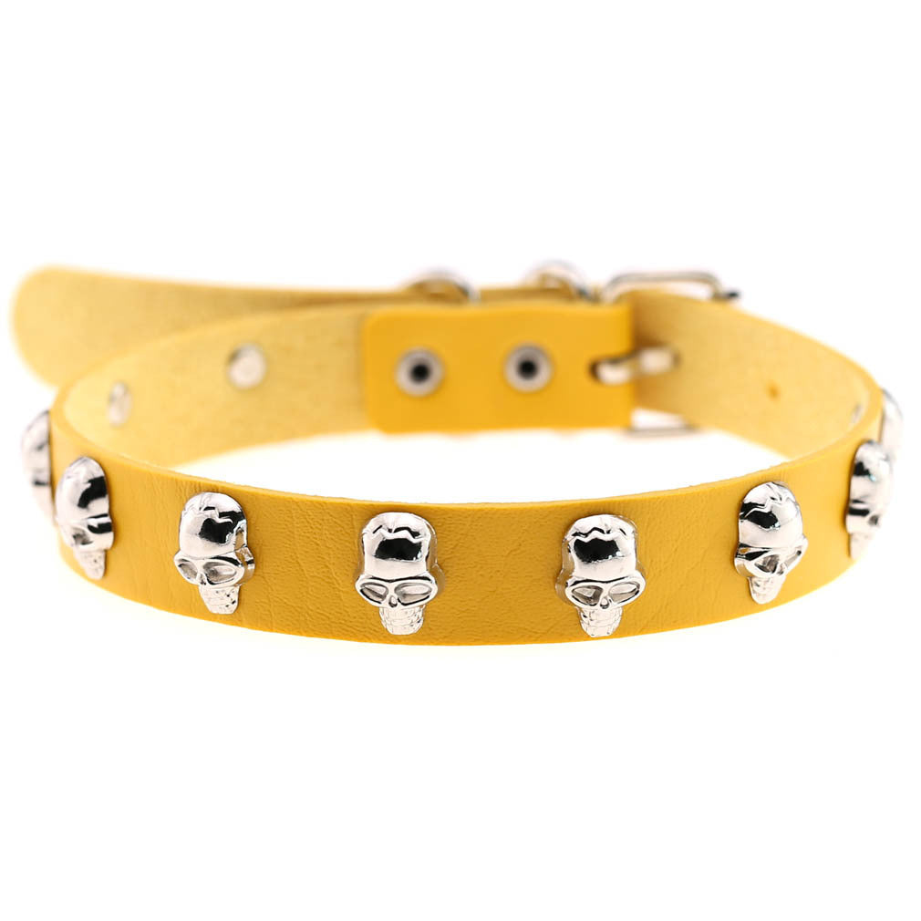 Skull Leather Choker Necklace - Yellow - Punk Lovers