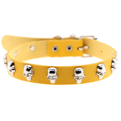 Skull Leather Choker Necklace - Yellow - Punk Lovers