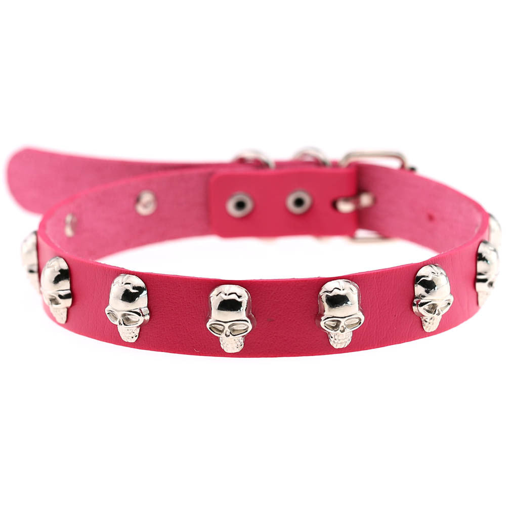 Skull Leather Choker Necklace - Rose - Punk Lovers