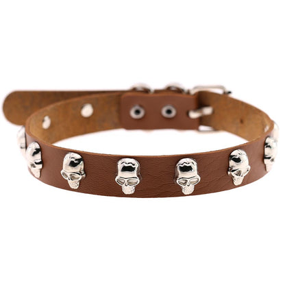 Skull Leather Choker Necklace - Light Coffee - Punk Lovers