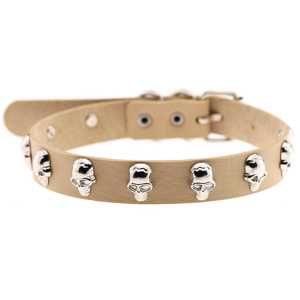 Skull Leather Choker Necklace - Beige - Punk Lovers