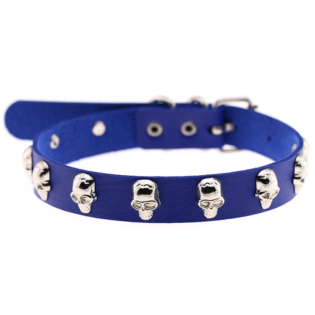 Skull Leather Choker Necklace - Sapphire - Punk Lovers