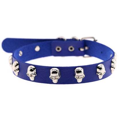 Skull Leather Choker Necklace - Sapphire - Punk Lovers