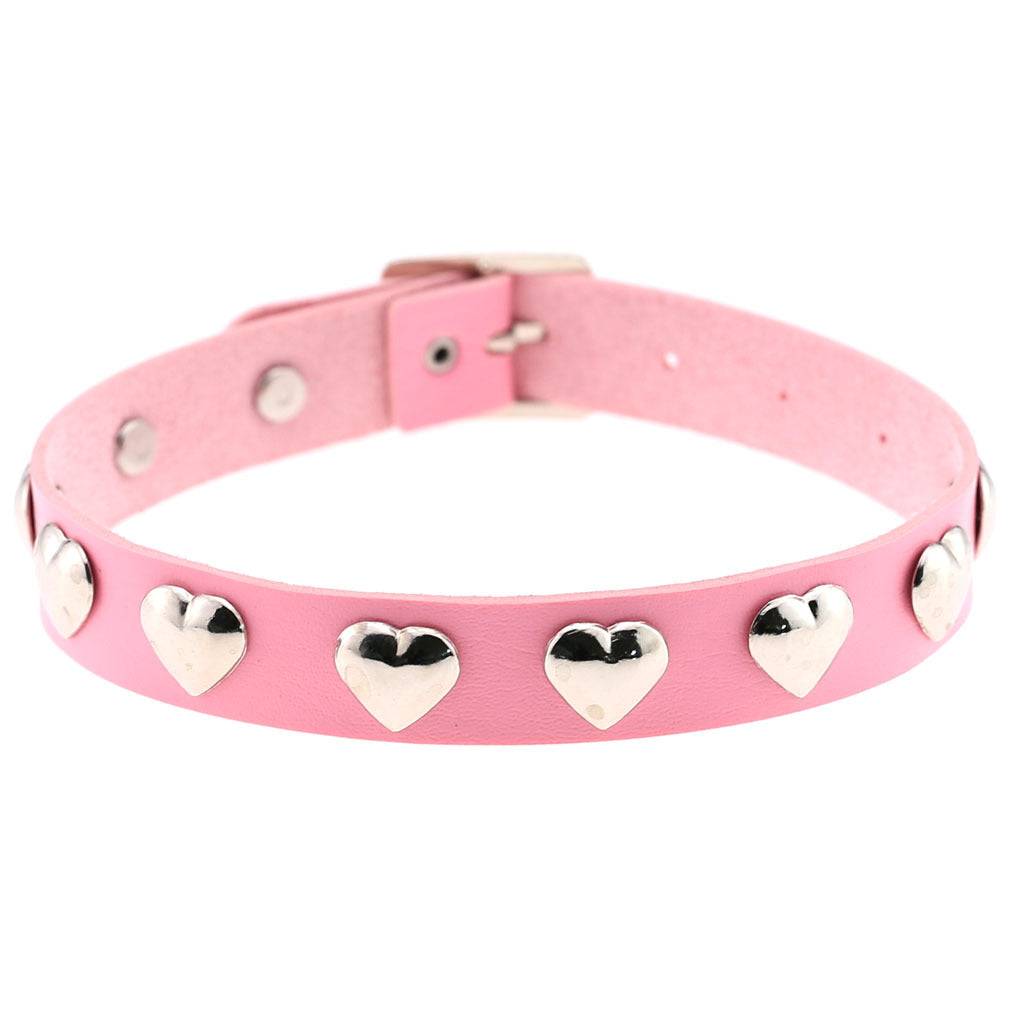 Punk Heart Rivet Leather Choker - Pink - Punk Lovers
